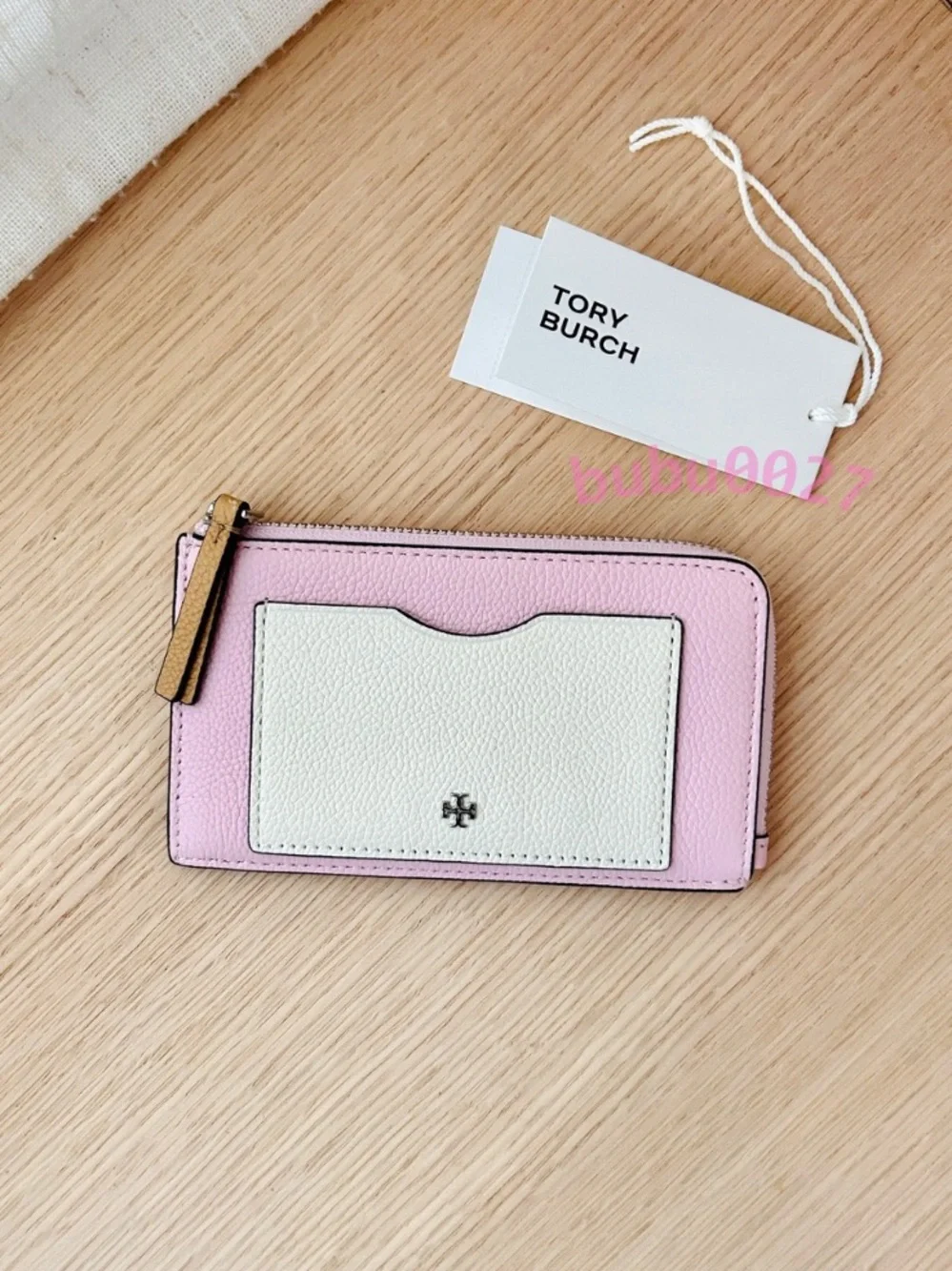 NWT🌷Tory Burch Blake Color-Block Zip Card Case Holder Pink Coral 176425 Leather